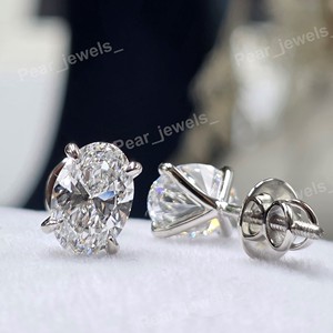 Oval Cut <b>Moissanite</b> Stud <b>Earrings</b> 925 Sterling Silver Rhodium Plated 4 Claw Prong Solitaire Screw Back Trendy Unisex Daily Wear - Product Image 5