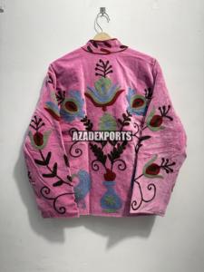 Pink <b>Velvet</b> Sheep Skin Embroidered Blazer Mandarin Collar Full Sleeve Handwork <b>Women's</b> Autumn Winter <b>Jacket</b> - Product Image 4