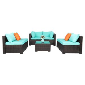 Set da 7 Pezzi in Rattan Marrone Sfumato con Cuscini Blu Lago, Divani da Giardino Sottovuoto - Product Image 5