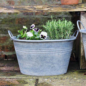 Top Selling Vintage White brush Finishing Galvanized Metal Garden <b>Planter</b> Round Outdoor Decorative Container with Handles - Product Image 4