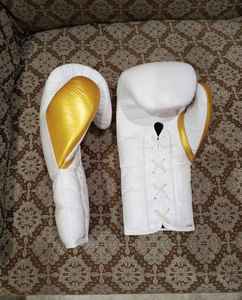 Professional Top Selling White & Golden Color High Quality Mauy Thai Genuine Cowhide Leather Customized Fighting Punching Gloves - Product Image 5