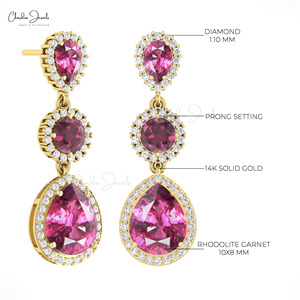 Triple Gemstone <b>Earrings</b> 10x8mm Pear Cut Rhodolite Garnet & Pave Diamond Halo Dangle with 14k Solid Gold Dual Birthstone <b>Earring</b> - Product Image 4