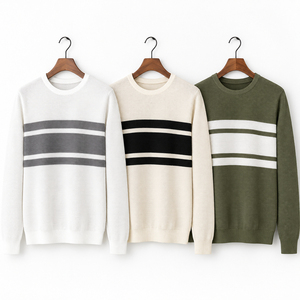 <b>Men's</b> White Knitted Crew Neck Pullover <b>Grey</b> Striped Long Sleeve Casual <b>Sweatshirt</b> - Product Image 5