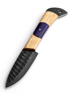 Cuchillo de Chef Artesanal de Acero al Carbono Forjado Negro con Mango Híbrido de Madera de Olivo y Resina Púrpura para Cocina y Preparación al Aire Libre - Product Image 6