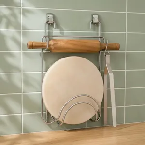 Wall <b>Mount</b> Stainless Steel Chakla Belan Stand with Wooden Rolling Pin & Marble <b>Board</b> | Kitchen Organizer for Roti Chapati Making - Product Image 6