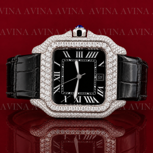 Reloj de Lujo con Diamantes Moissanite Estilo Hip Hop para Hombre |   Reloj de pulsera con correa de cuero negro y visualización de fecha con números romanos - Product Image 5
