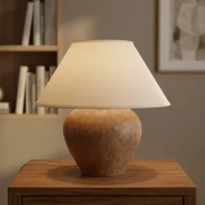 Lampe de table Calabria Sienna, base en céramique moderne, abat-jour en lin naturel, éclairage d'appoint écologique pour salon, décoration Diwali - Product Image 4