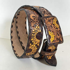 Nuevo Cinturón de Cuero Auténtico Hecho a Mano con Diseño de Girasol, Cuero Vacuno Genuino de Grano Completo, Hebilla Desmontable para Hombre y Mujer - Product Image 5