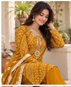 Conjunto de Salwar Kameez Étnico de Rayón para Mujer, Estampado y con Trabajo a Mano, Largo hasta la Rodilla, Estilo Indio-Pakistaní, para Fiestas y Bodas - Product Image 1