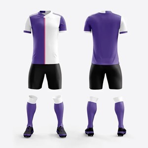 Custom Sublimated Soccer Uniform Men's Purple White Color Block Short Sleeve Jersey With Black Shorts And <b>Socks</b> Athletic Fit - Product Image 1