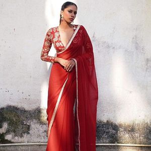 Sari en Georgette brodé de sequins pour femme avec bordure en dentelle et chemisier en soie monofilament lourde – Prix de gros par Royal Export - Product Image 2