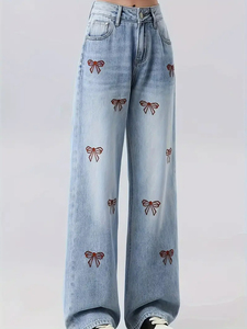 Trendy All Seasons High <b>Waist</b> <b>Jeans</b> For Women Breathable Embroidered Denim Straight Denim Pants wholesale rate with custom - Product Image 3