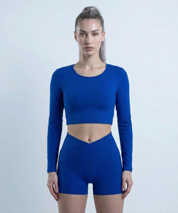 Women Yoga Wear 2 Piece Compression <b>Set</b> Long Sleeve Crop Top & Short Legging <b>Set</b> Women Gym Workout High Support Bra Shorts 2 Pcs - Product Image 1