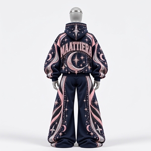 Conjunto Deportivo Azul Marino para Mujer con Estampado de Luna y Estrellas, Sudadera Oversize, Pantalones Anchos y Detalles de Pedrería, Estilo Urbano Personalizado - Product Image 3