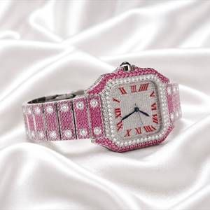 Montre mécanique en acier inoxydable avec cadran carré en cristal de saphir rose et diamants, bracelet à chiffres romains, pour un cadeau de luxe et de mode - Product Image 3