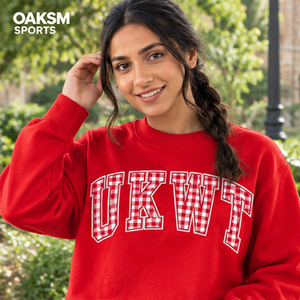 UKWT <b>Gingham</b> Plaid Letter Print <b>Red</b> Heavyweight Fleece Mockneck for Sports Teams | Casual Loose Fit Athlete Sweatshirt - Product Image 1