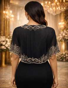 Cape en polyester noir brodée de perles, avec manches courtes et bordure florale, pour femme adulte, transparente - Product Image 4