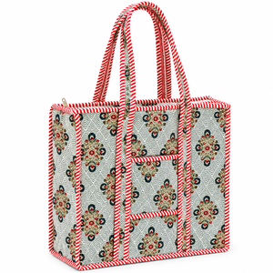 Sac fourre-tout en toile à panneaux avec fermeture éclair, style classique brodé, patchwork floral, grande capacité, sac de shopping toutes saisons - Product Image 1