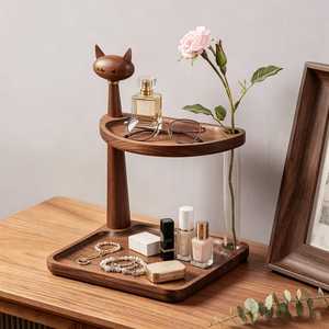 Support de rangement double niveau en bois abordable avec motif chat pour cosmétiques et accessoires, style minimaliste, type sur pied - Product Image 1