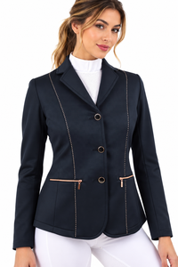 Chaqueta de competición ecuestre azul marino para mujer, corte ajustado, con bolsillos con cremallera dorada y ribete de pedrería - Product Image 4