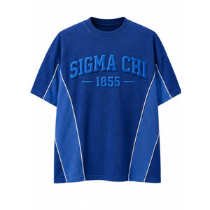 T-shirt à manches courtes col rond pour homme Sigma Chi 1855, bleu marine avec bordure contrastée jaune, style preppy, en coton - Product Image 5