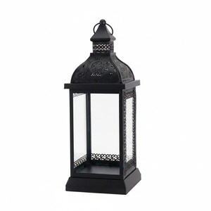 Wholesale Vintage <b>Black</b> Metal Candle <b>Lantern</b> With Tempered Glass Clear Panels Antique Moroccan Style Hanging Iron Decorative - Product Image 3