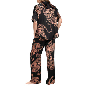 Customized Flamingo Printed Design <b>Ice</b> Silk Pajamas for Women Spring and Autumn Short Sleeved <b>Home</b> Wear 2-piece Set - Product Image 3