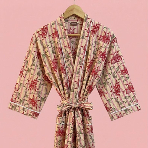 Kimono de Algodón Transpirable y Ecológico, Bata de Playa, Bata de Baño, Kimono Estampado a Mano de la India al por Mayor, Kimono para Mujer - Product Image 1