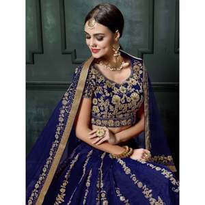 Navy Blue Pearl & Lace Applique Silk <b>Wedding</b> Lehenga Choli for Bride - Product Image 4