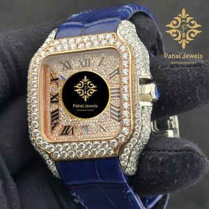 Pahal Jewels Luxury Square Diamond Mechanical <b>Watch</b> Stainless Steel <b>Case</b> Blue Leather Band Analog Quartz Date Display Elegant - Product Image 4