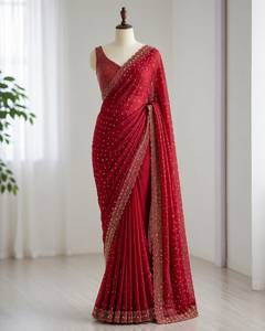 Sari de Boda de Diseñador, Hermoso y de Alta Calidad, en Tela Faux Georgette con Lentejuelas y Espejos, Blusa Ajustada, Superventas - Product Image 1