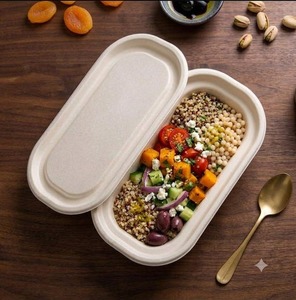 Conteneur alimentaire ovale en bagasse de canne à sucre blanc 500 ml avec couvercle, compostable, biodégradable, compatible micro-ondes, pour emporter - Product Image 4
