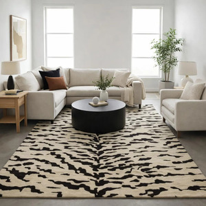 Hand Tufted Wool Area <b>Rug</b> <b>Black</b> and Ivory Animal Stripe Low Pile for Living Room and <b>Bedroom</b> - Product Image 4