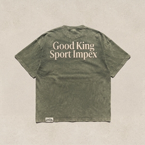 T-shirt vintage délavé vert sauge avec logo brodé Good King Sport Impex, streetwear décontracté unisexe, coupe oversize - Product Image 2