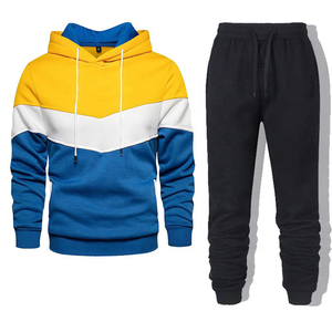 Conjunto Deportivo Unisex de Dos Piezas con Sudadera con Capucha de Algodón 100% Grueso en Amarillo, Azul y Blanco y Pantalones Deportivos Negros con Logotipo Personalizado - Product Image 1