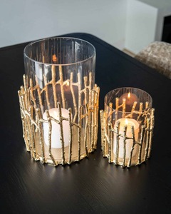 Ensemble de porte-bougies en verre décoratif avec motif de branche dorée, forme cylindrique, résistant à la chaleur, décoration d'intérieur, 31 cm et 25,5 cm - Product Image 1