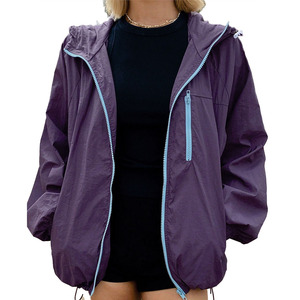 Trendy Wholesale Women’s Purple Hooded Windbreaker <b>Lightweight</b> Nylon Rain Men's <b>Jackets</b> with Contrast Blue Zippers Windbreaker - Product Image 5