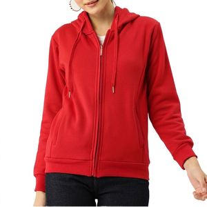 Women's <b>Hooded</b> <b>Zip</b>-Up Sweatshirt Solid Color Polyester/Cotton Fleece Knitted Breathable Full Sleeve Winter Wear Regular Fit - Product Image 4
