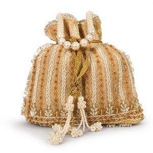 Sac de soirée brodé à la main avec poignée dorée et perlée, sac Potli fait main - Product Image 1