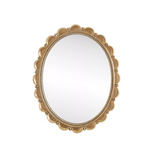 Miroir mural antique en métal doré avec cadre festonné en pétales de lotus et bordure intérieure perlée, finition dorée élégante, décoration intérieure - Product Image 1