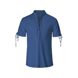Men's Blue Poplin Casual <b>Shirt</b> Stand <b>Collar</b> Short Sleeve Lace-Up Front Solid Color Summer Top - Product Image 1