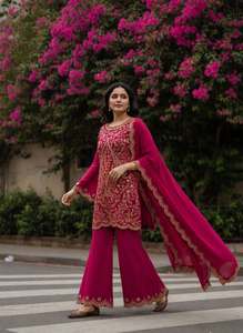 Conjunto de diseñador con bordado de hilo Zari en seda Vichitra, top completamente cosido con pantalón palazzo y dupatta, traje listo para usar. - Product Image 3