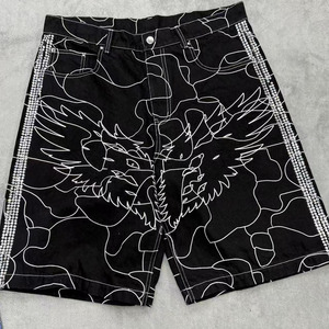 Men's Black Dragon Printed Board <b>Shorts</b> With <b>Sequined</b> Side Stripes Casual Style Mid Waist <b>Short</b> <b>Shorts</b> - Product Image 1