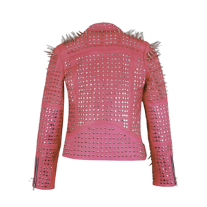 Pink Leather Punk Style Motorcycle Jacket Rivets <b>Spikes</b> Turn-down <b>Collar</b> Zipper Closure Slim Fit Regular Length Unisex Hooded - Product Image 5