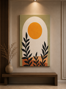 Pintura hecha a mano, impresión minimalista en lienzo de paisaje con sol naranja y hojas negras, arte para decoración de pared interior - Product Image 4