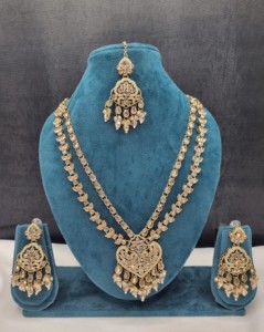 Pear Cut Stone Dual Layer Necklace With Earrings and Mangtika For Women Traditional Ethnic Wear Designer <b>Jewellery</b> Manufacturers - Product Image 4