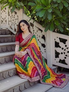 Sari indien traditionnel en soie NiMa Creations pour femme, longueur ras du sol, broderie multicolore, imprimé, tenue de mariage, coupe classique - Product Image 2