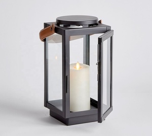 Wholesale Luxury Home Tabletop and Floor Decorations <b>Black</b> Metal Candle Holder <b>Lantern</b> with Leather Handles - Product Image 2