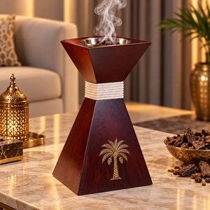 Brûleur à Bakhoor de Luxe en Bois d'Arbre Arabe avec Bol à Oud en Acier Inoxydable Doré, Design Géométrique Islamique, 100% Naturel et Écologique - Product Image 5