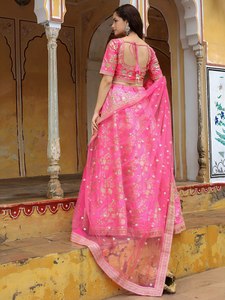 Candy Pink <b>Sequin</b> Work Floral Print Backless Organza Lehenga Choli V-Neck Three Quarter Sleeve A-Line Bridesmaid Dress - Product Image 4